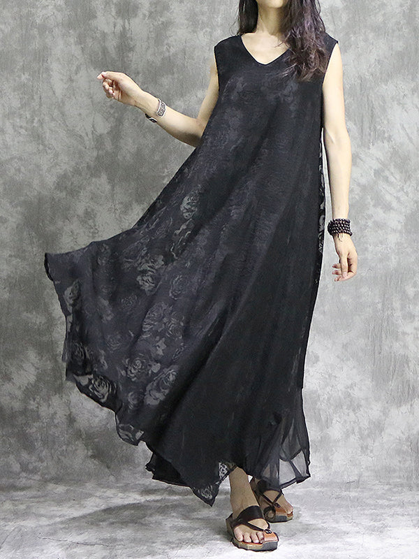 Flower Print Solid Color False Two Loose V-Neck Midi Dresses