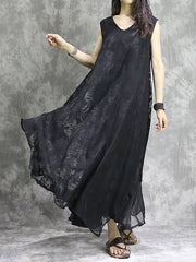 Flower Print Solid Color False Two Loose V-Neck Midi Dresses