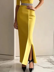 No Belt Solid Color Split-Joint Split-side Bodycon Half Sleeves Square-neck Maxi Dresses