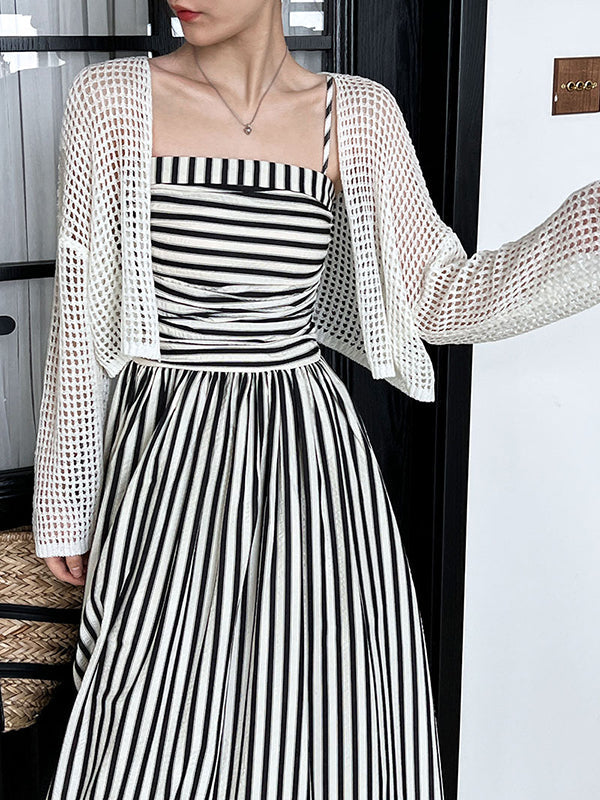Pleated Split-Joint Striped Loose Sleeveless Spaghetti-Neck Midi Dresses