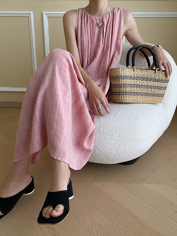 Pleated Solid Color A-Line Loose Round-Neck Midi Dresses