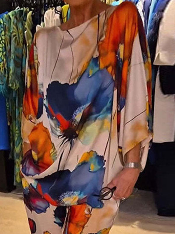 Printed Split-Joint Batwing Sleeves Loose Round-neck Blouses&shirts Tops