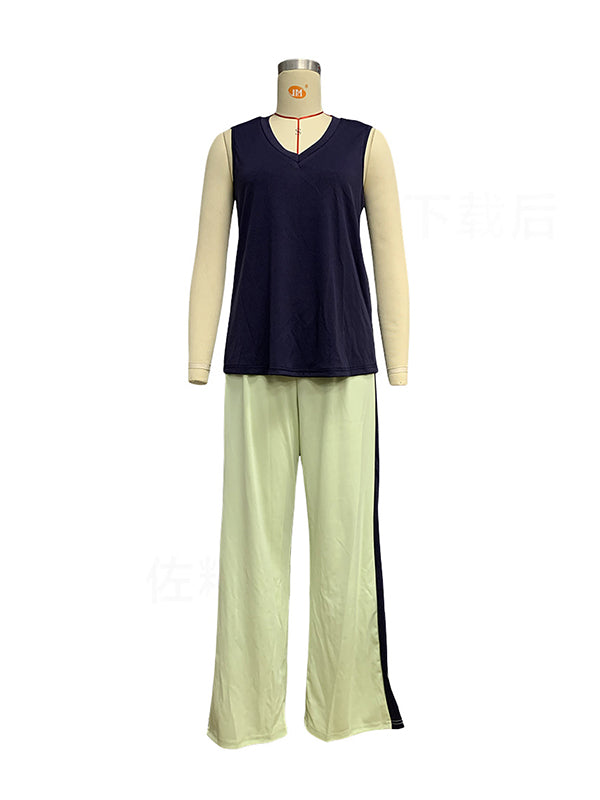 Loose Contrast Color Long Sleeves Outer Wear + V-Neck Inner Vest + Pants Bottom Three Pieces Set