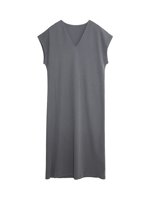 Solid Color Batwing Sleeves Loose V-neck Midi Dresses