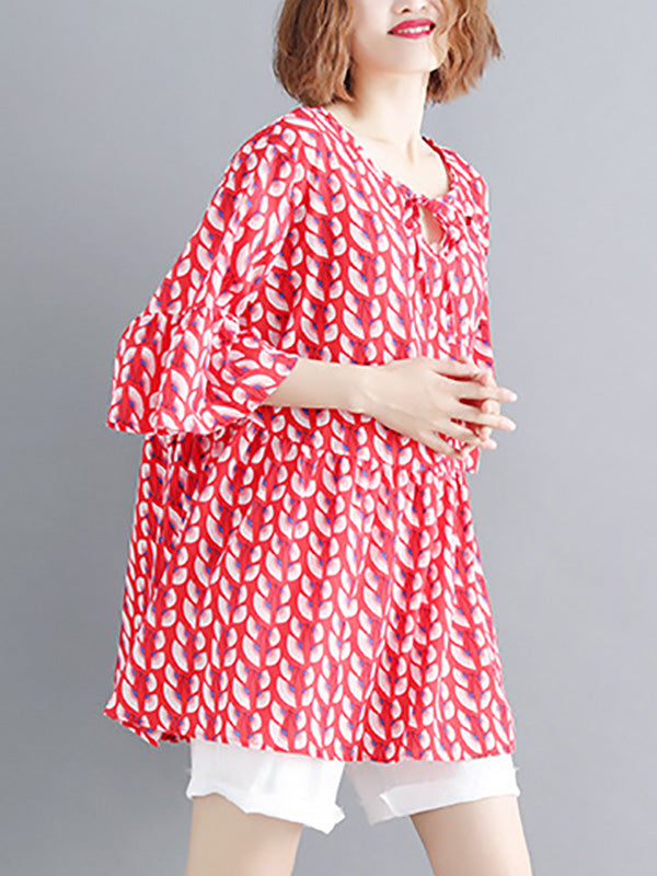 Artistic Retro Loose Half Sleeves Printed Pleated Falbala Round-Neck T-Shirts Tops