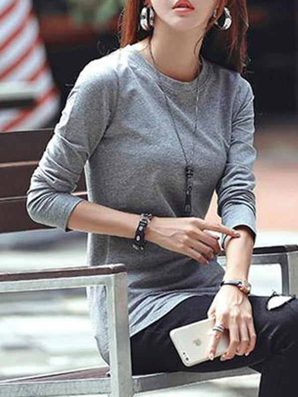 Solid Color Long Sleeves Round-Neck T-Shirts Tops