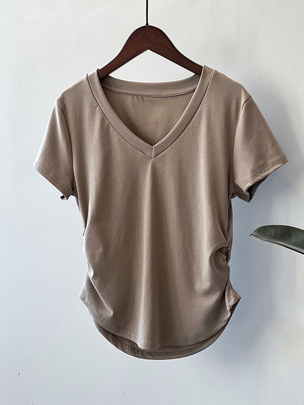 Solid Color Irregular clipping Short Sleeves V-neck T-Shirts Tops