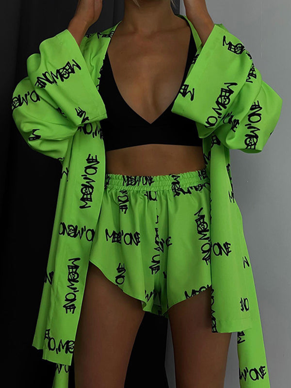 Loose  Printed  Long Sleeves Tied Waist Robes + High-Waisted Short Bottom Robes Pajama Sets