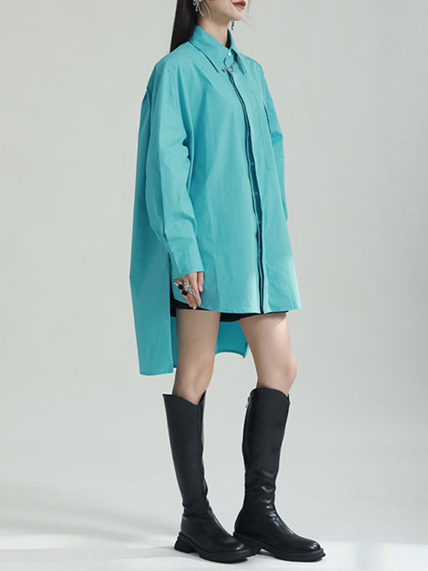Solid Color Split-side High-low Irregular clipping Lapel Shirts Tops