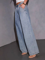 Pleated Split-Joint Loose Wide Leg Jean Pants Bottoms