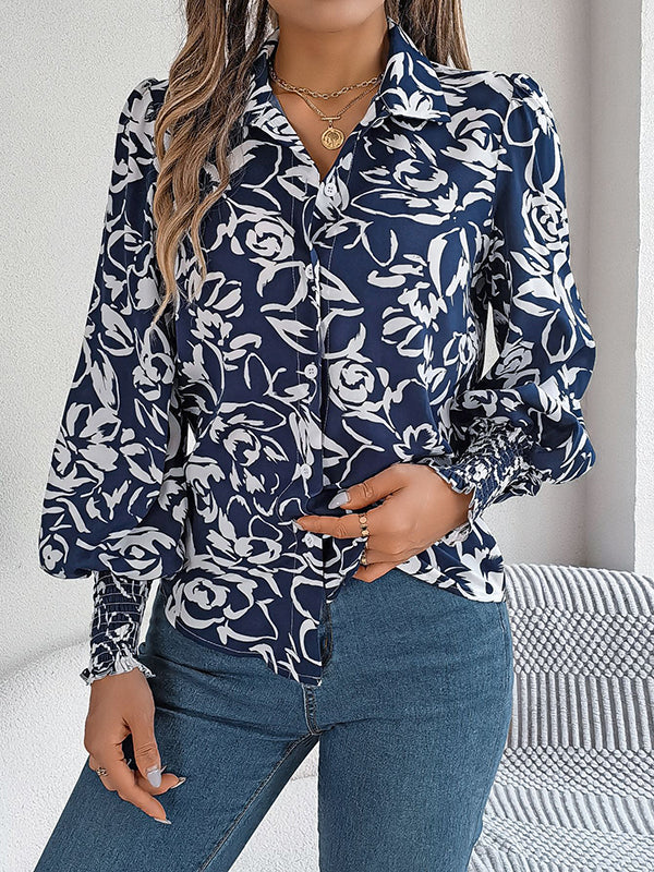 Buttoned Contrast Color Elasticity Flower Print Long Sleeves Loose Lapel Blouses&shirts Tops