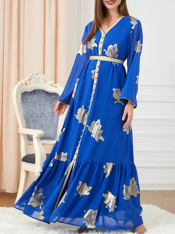 Pleated Printed Split-Front Split-Joint Tied Waist Long Sleeves Loose V-Neck Maxi Dresses
