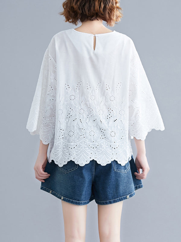Hollow Print Loose Three-quarter Sleeves Round-neck Blouses&shirts Tops