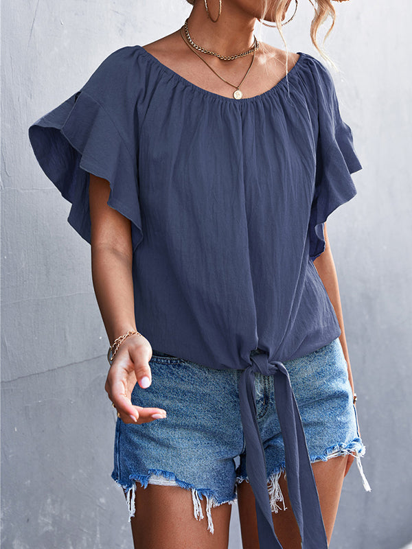 Elasticity Falbala Pleated Solid Color Tied Loose Short Sleeves Round-Neck T-Shirts Tops
