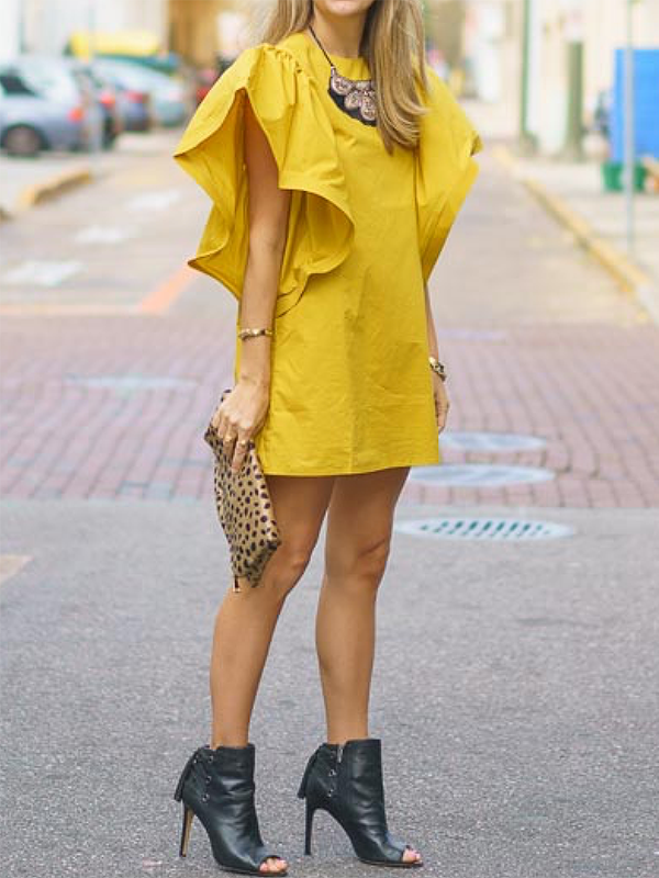 Solid Color Flying Sleeves Loose Round-Neck Mini Dresses