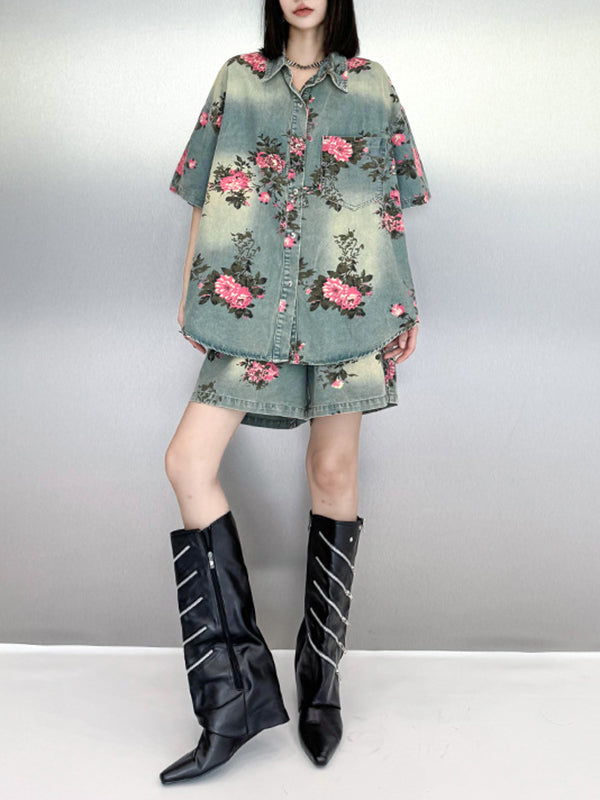 Floral Printed Split-Joint High-Low Loose Lapel Blouses&Shirts Tops