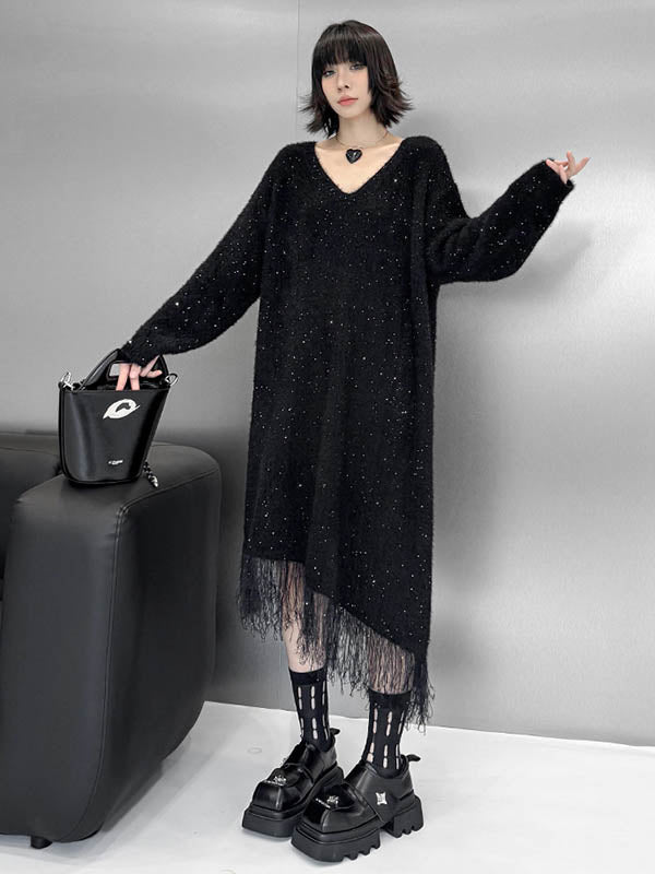 Contrast Color Sequined Shiny Split-Joint Tasseled Irregularity Long Sleeves V-Neck Sweater Dresses Midi Dresses