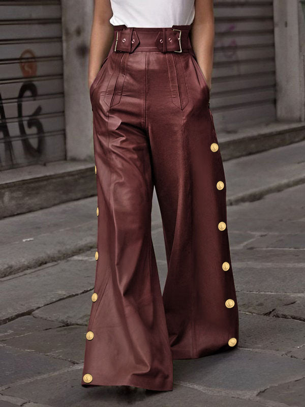Belted Buttoned Solid Color Loose Wide Leg Trousers Casual Pants Bottoms