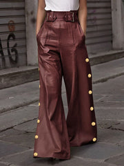 Belted Buttoned Solid Color Loose Wide Leg Trousers Casual Pants Bottoms