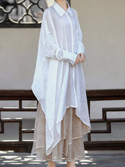 See-Through Solid Color Split-Joint Split-Side Loose Raglan Sleeve Lapel Blouses
