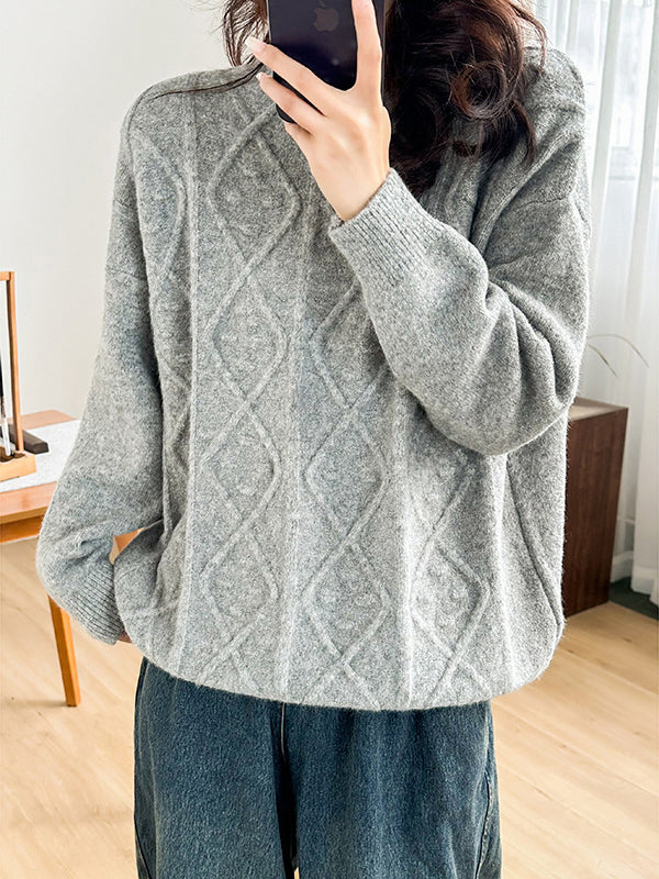 Simple Loose Long Sleeves Jacquard Solid Color Round-Neck Sweater Tops