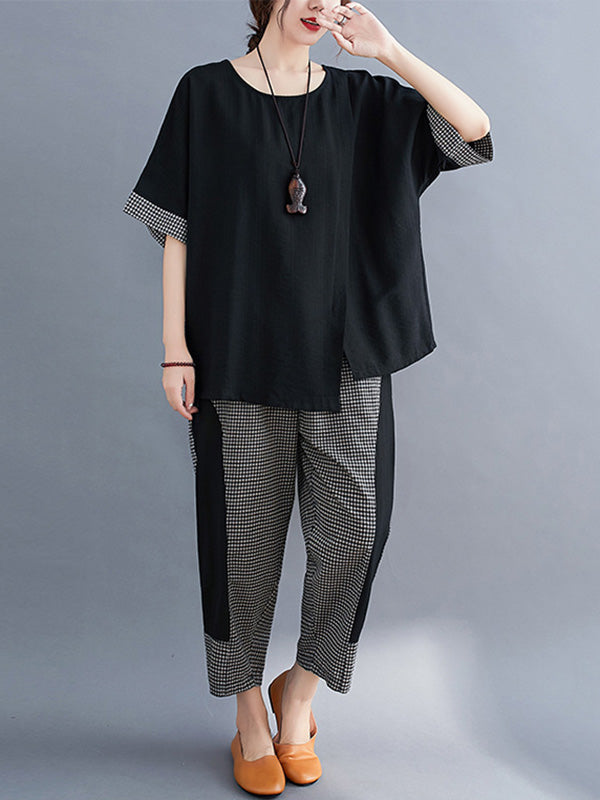Plaid Split-Joint Asymmetric T-Shirt&Pants Suits
