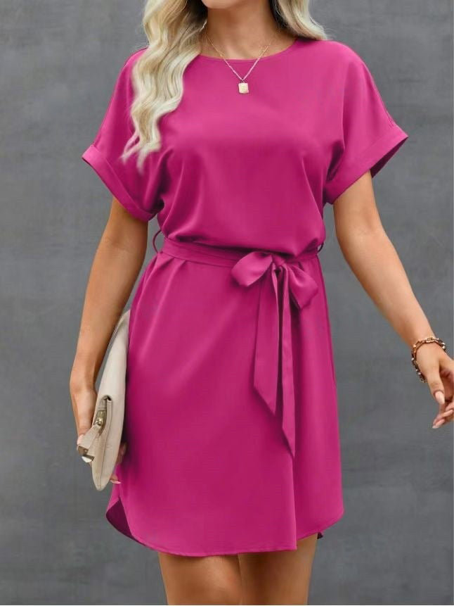 Solid Color Tied Waist Loose Short Sleeves Round-Neck Mini Dresses