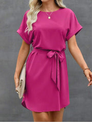 Solid Color Tied Waist Loose Short Sleeves Round-Neck Mini Dresses