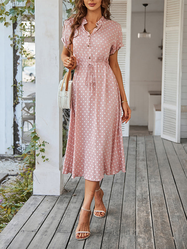 Buttoned Drawstring Polka-Dot A-Line High Waisted V-Neck Shirt Dress Midi Dresses