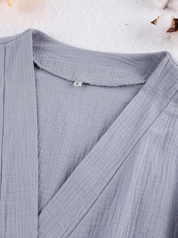 Ribbed Solid Color Long Sleeves Loose V-Neck Robes Pajamas