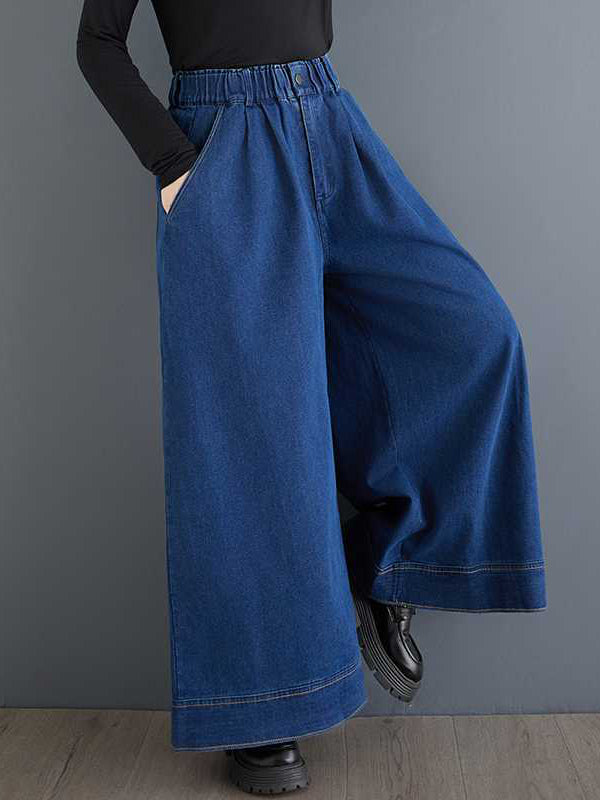 Elasticity Pleated Pockets High Waisted Loose Trousers Jean Pants Bottoms