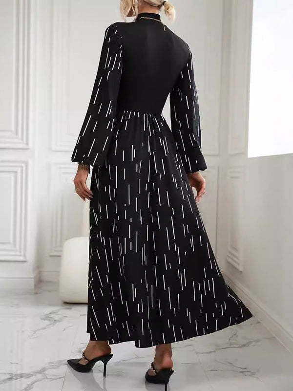 Printed Split-Joint Long Sleeves Puff Sleeves High Neck Maxi Dresses