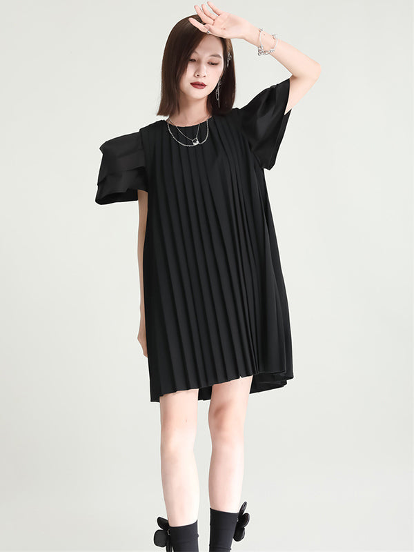 Urban Puff Sleeves Split-Joint Black Pleated Mini Dress