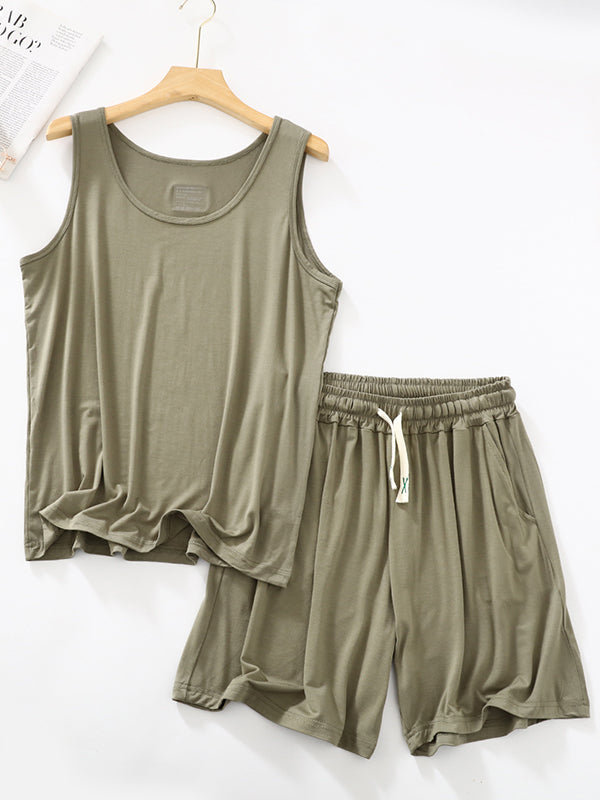 Drawstring Elasticity Pleated Solid Color Loose Sleeveless Round-neck Pajama Sets