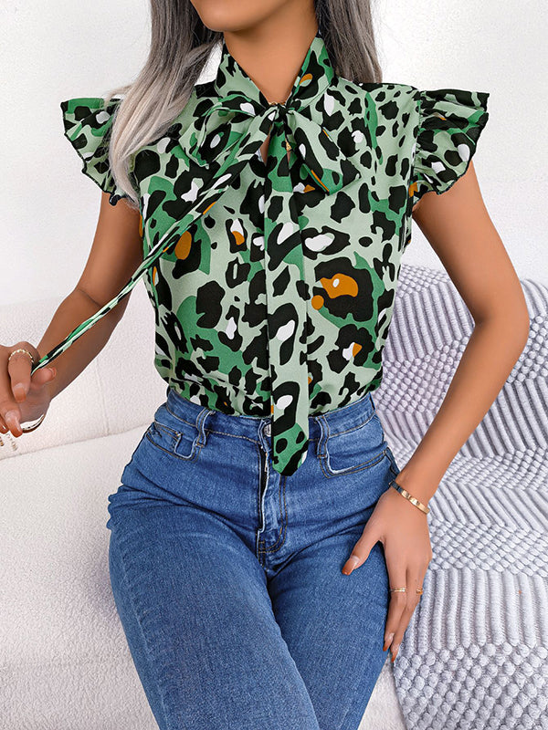 Leopard Cap Sleeve Loose Statement Collar Vest Top