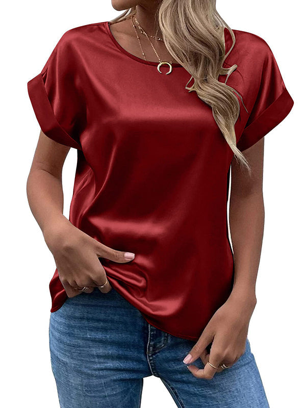 Solid Color Loose Short Sleeves Round-Neck T-Shirts Tops
