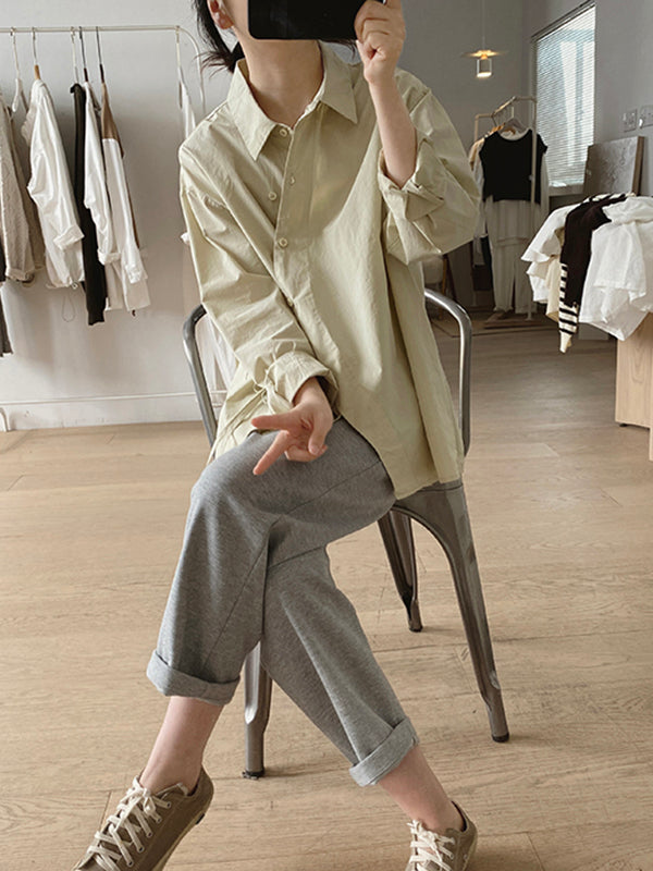 Lace-Up Solid Color Irregular Clipping Long Sleeves Lapel Blouses
