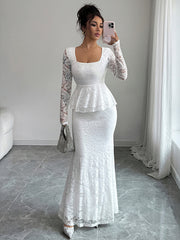 Flower Print Ruffled See-Through Solid Color Split-Joint Bodycon Long Sleeves Square-Neck Maxi Dresses