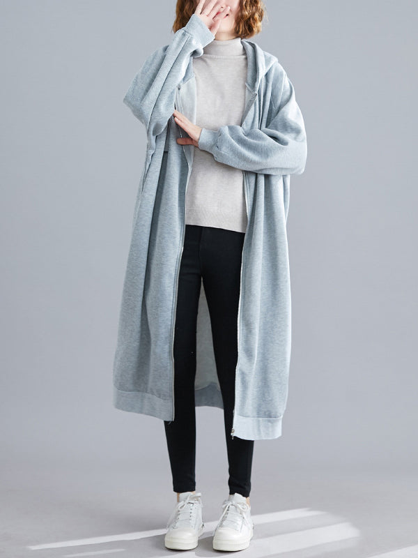 Casual Loose Long Sleeves Solid Color Hooded Outerwear