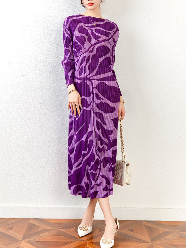 Floral Printed Pleated Long Sleeves Midi Dress