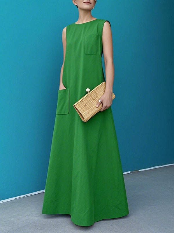 Pockets Solid Color A-line Loose Round-neck Maxi Dresses