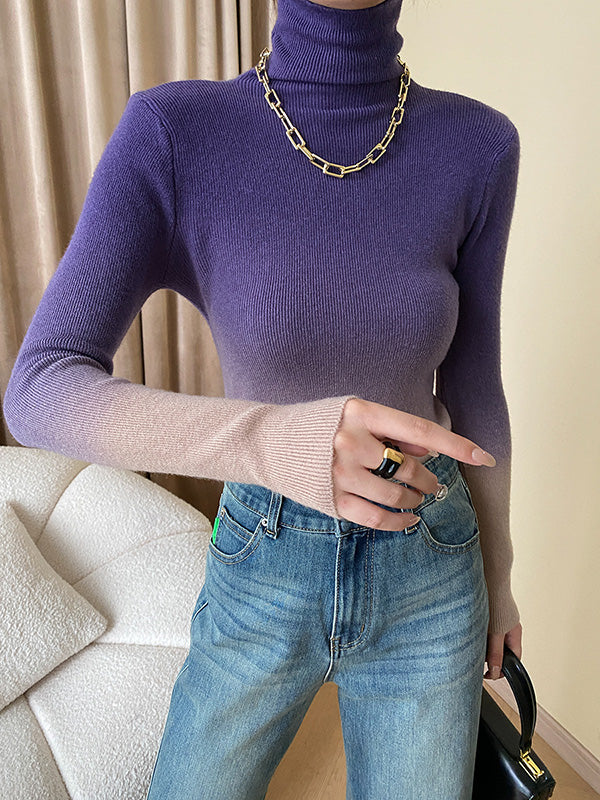 Gradient Long Sleeves Skinny High-Neck Sweater Tops Pullovers