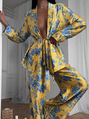 Loose Printed Split-Joint Deep V-Neck Lace-Up Blouse + Drawstring Elasticity Pants Trousers Two Pieces Set