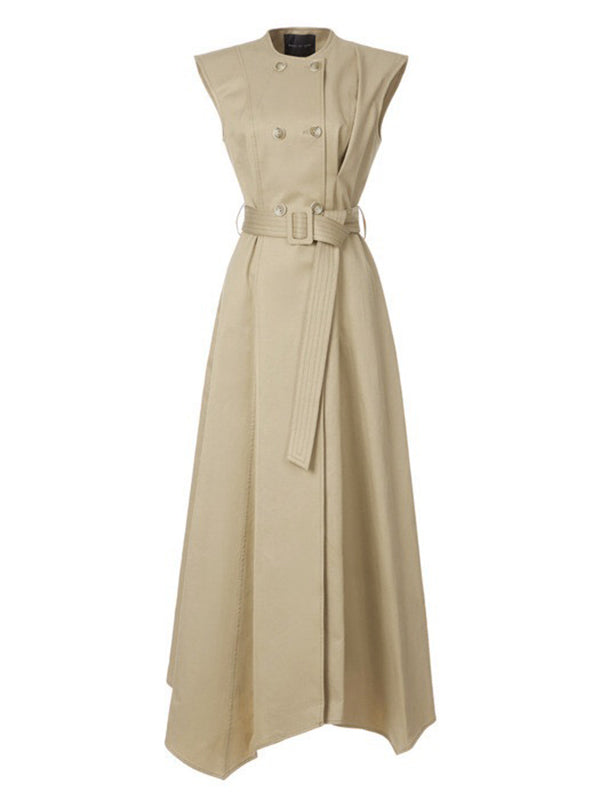 Belted Buttoned Pockets Solid Color A-Line High Waisted Round-Neck Maxi Dresses