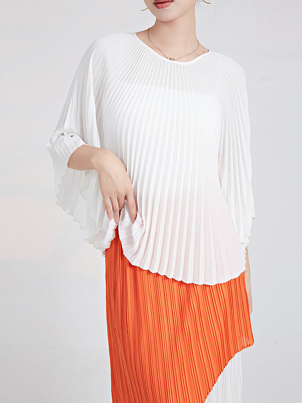 Pleated Solid Color Batwing Sleeves Loose Round-Neck T-Shirts Tops