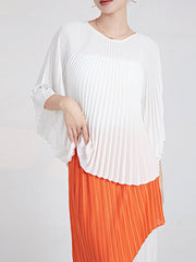 Pleated Solid Color Batwing Sleeves Loose Round-Neck T-Shirts Tops
