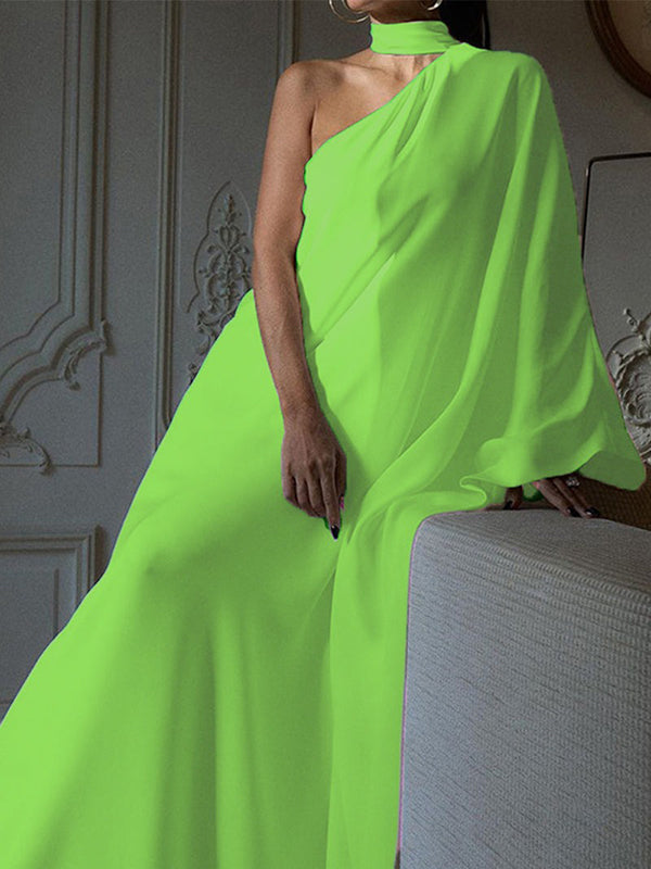 Asymmetric Solid Color Batwing Sleeves Loose Halter-Neck Maxi Dresses