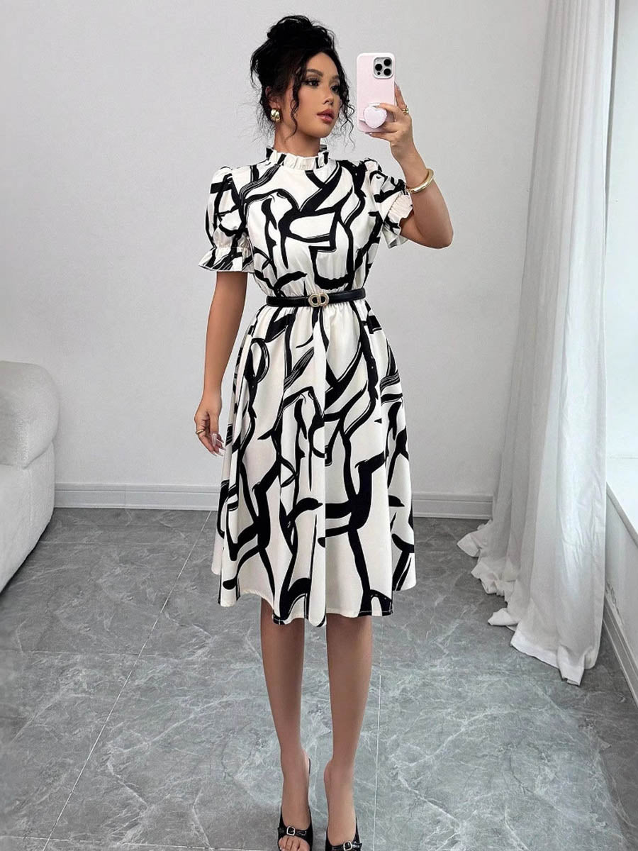 Abstract Printed Contrast Color Ruffled Split-Joint A-Line Bodycon Midi Dresses