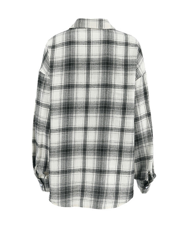 Buttoned Plaid Pockets Long Sleeves Loose Lapel Blouses&Shirts Tops