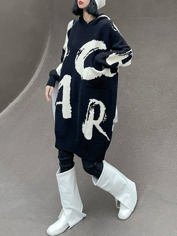 Knitted Letters Pockets Long Sleeves Loose Hooded Sweater Dresses Mini Dresses